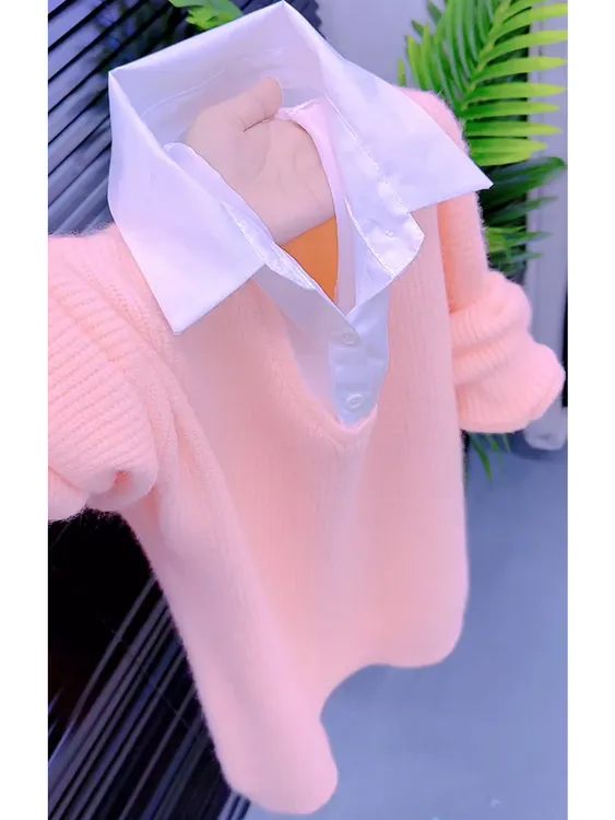 慵懒风粉色外穿拼接衬衫领针织衫女秋季2025新款宽松洋气百搭毛衣