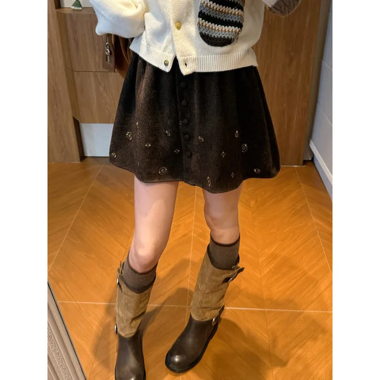 刺绣毛呢半身裙女2025秋冬新款小个子松紧腰显瘦绣花咖色A字短裙
