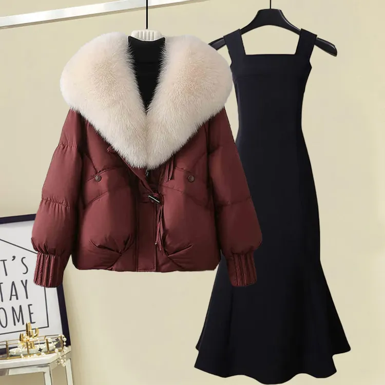 秋冬套装女2025新款韩版外穿加厚棉服外套法式气质连衣裙两件套