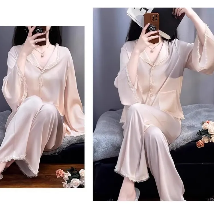 花边袖口甜美少女粉家居服套装2025春秋季薄款喇叭袖设计感睡衣女