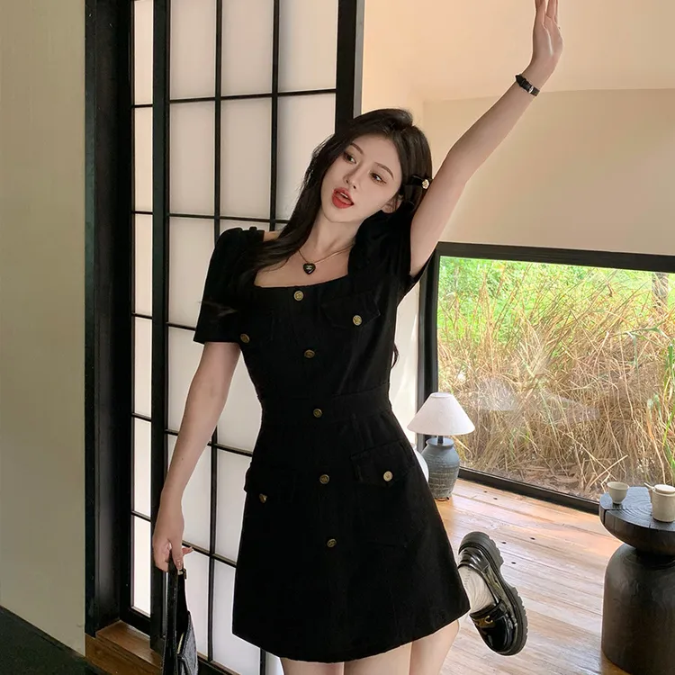 大码法式牛仔连衣裙女夏季收腰显瘦短裙微胖MM短袖A字裙子