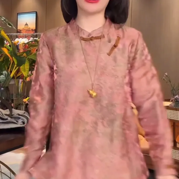 秋季新款新中式气质斜襟圆领女士长袖上衣网红时尚复古中国风打底