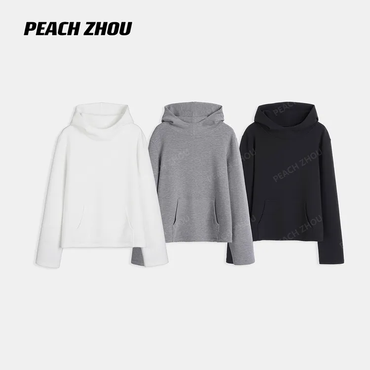 『PEACHZHOU』基础半高领连帽弹力微宽松短款卫衣利落休闲干练绒衫