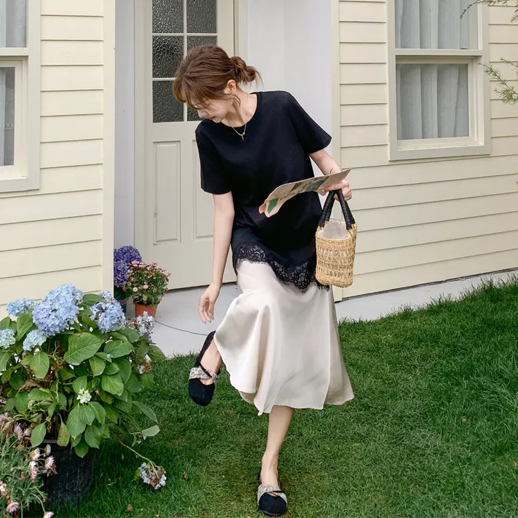 法式复古连衣裙女2025夏季新款氛围感轻熟风假两件蕾丝拼接鱼尾裙