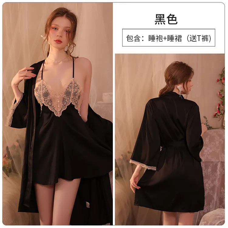 大码女性夏季纯欲风蕾丝花边美背透视吊带睡裙性感