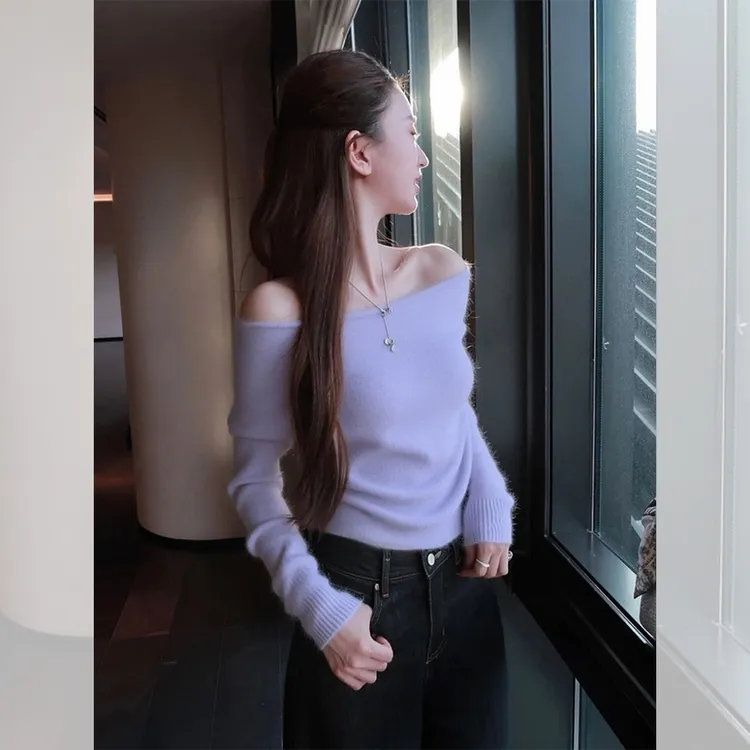 别致独特一字肩紫色露肩漂亮小衫内搭针织衫洋气高贵上衣女装秋冬