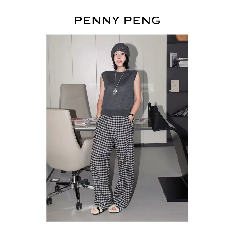 PENNYPENG早八松弛感 黑标系列慵懒松紧腰复古经典格纹通勤休闲裤