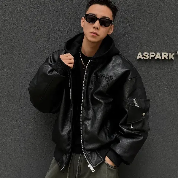 【BH】studio高街奢感立体压印PU皮廓形90白鸭绒夹克机能风臂袋宽松