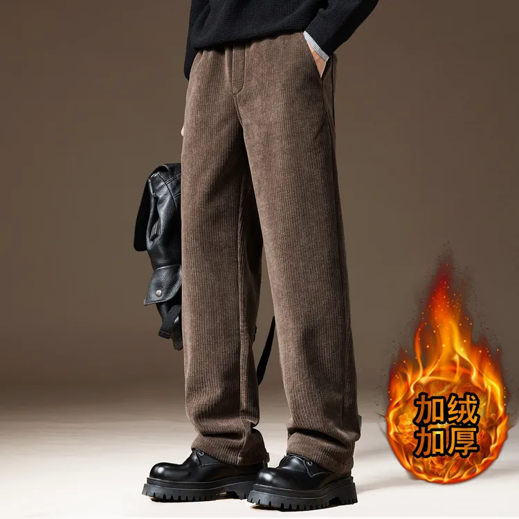 高端立体棱条灯芯绒休闲裤男士冬季加绒美式宽松直筒阔腿长裤子男