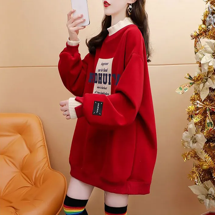 宽松假两件卫衣女中长款打底衫秋冬2025新款洋气减龄加绒加厚上衣