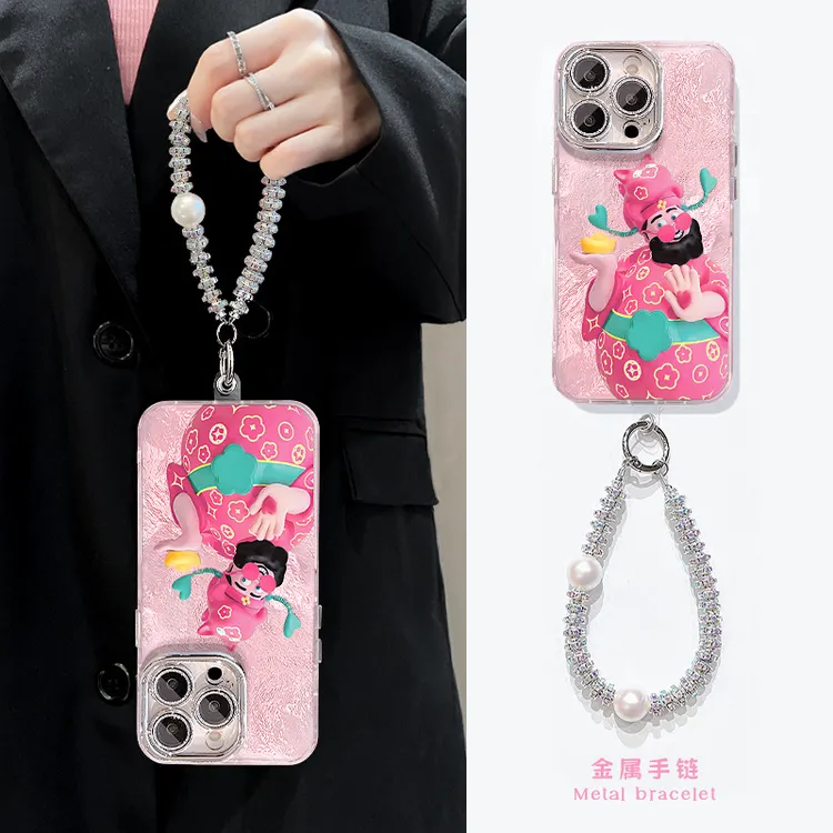 粉色财神支架链条16冰川纹手机壳15全包防摔14高级手机壳高级感