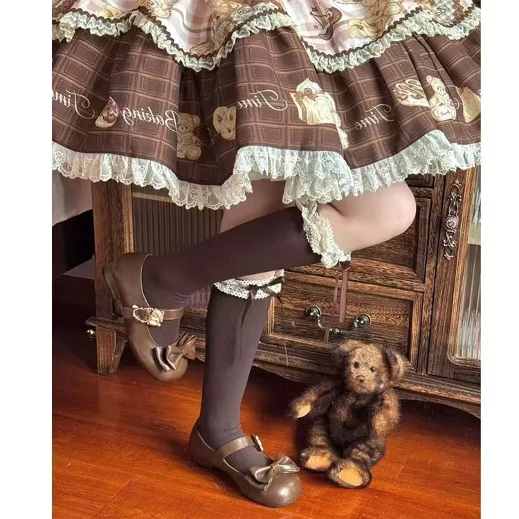 Lolita焦糖可颂同款棕色花边小腿袜小腿袜JK萝莉袜蝴蝶结爆款瘦腿