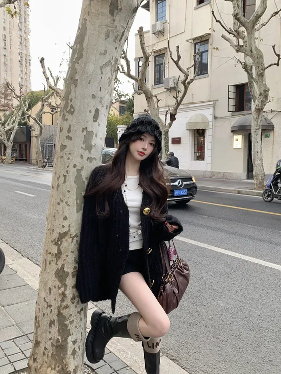 温柔邂逅 复古休闲宽松慵懒风百搭V领廓形软糯毛衣针织开衫外套女