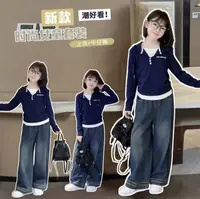 女童春秋款假两件连帽卫衣套装时髦儿童百搭显瘦牛仔直筒裤两件套