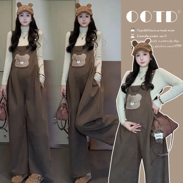 孕妇装秋冬套装舒适打底+加绒加厚卡通孕妇背带裤休闲减龄两件套