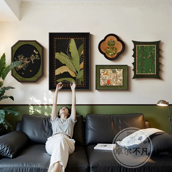 法式复古客厅装饰画绿色高级感组合床头壁画中古风客厅背景墙挂画