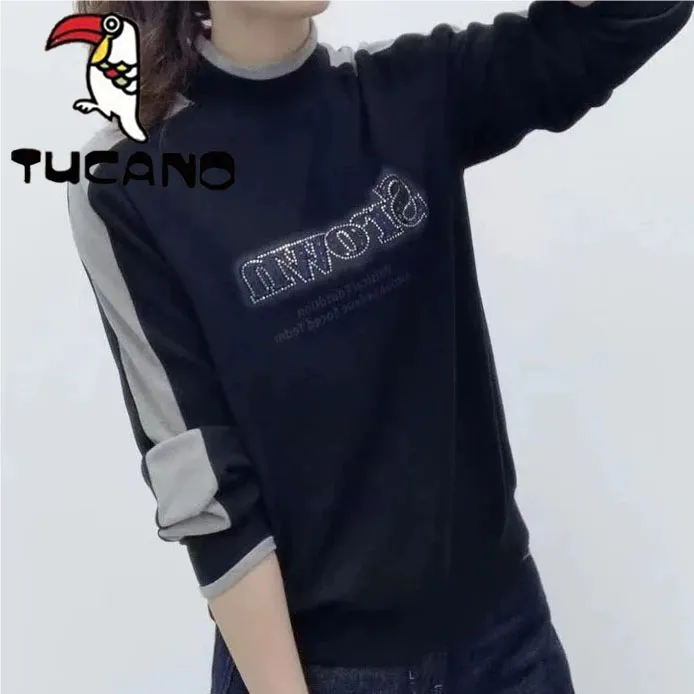 啄木鸟爆款德绒拼接撞色长袖t恤女秋冬季内搭时尚保暖显瘦ins上衣