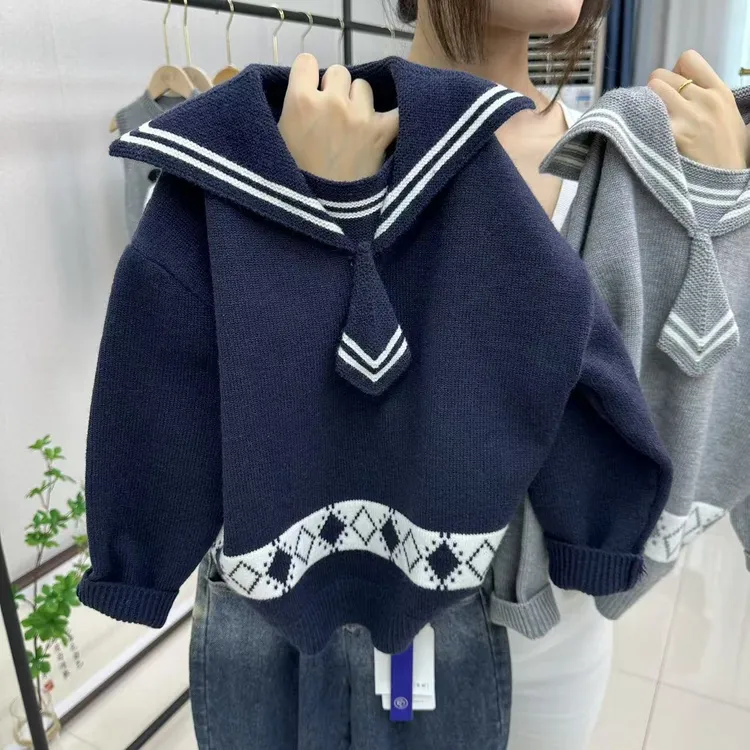 【海军领】2025秋冬新款男女童装套头学院风毛衣针织衫翻领