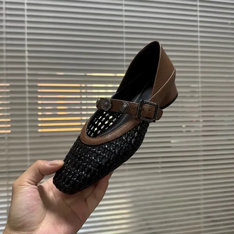 3cm/法式高级感夏季编织粗跟单鞋女透气镂空女士鞋方头中跟一字带