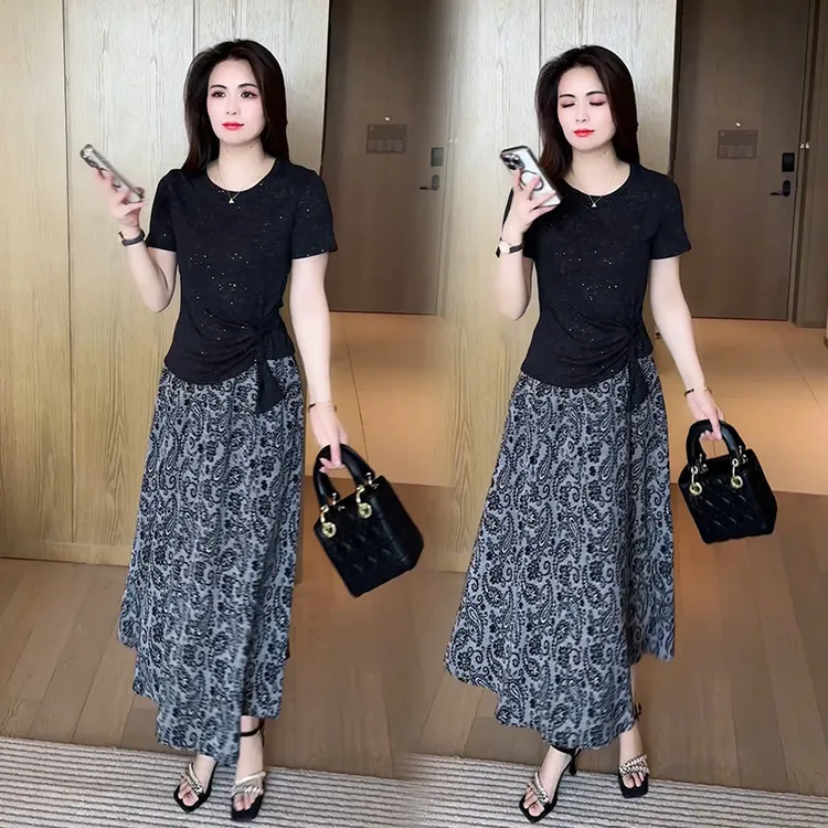 夏季新款爆款时尚套装印花半身裙洋气减龄显瘦气质短袖T恤两件套
