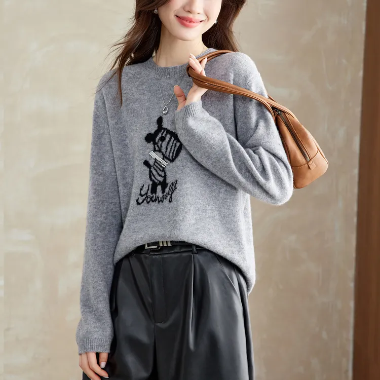 哥弟阿玛施正秋冬女士厚款圆领羊毛衫新年红时尚百搭针织打底衫