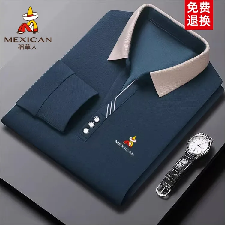 Mexican/稻草人秋季长袖t恤中年休闲商务男士polo衫宽松翻领上衣