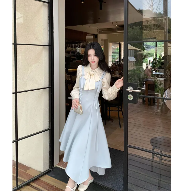 静水流深 气质千金蝴蝶结小香娃娃领衬衫缎面衬衣上衣套装秋