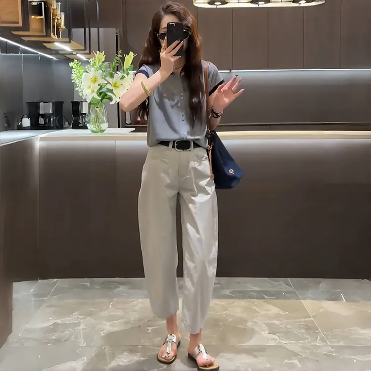 休闲风慵懒感套装女2025夏季新款短袖针织T恤上衣休闲裤两件套女