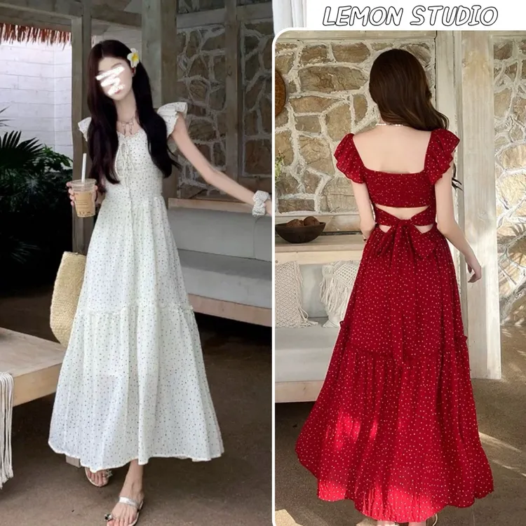 海边度假风红色波点连衣裙女装夏季2025新款系带收腰显瘦A字长裙