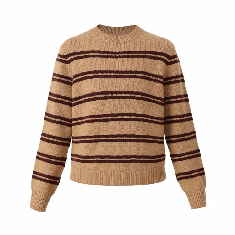 深呼吸2025新款条纹圆领长袖毛衣女秋冬套头羊毛撞色针织衫138073