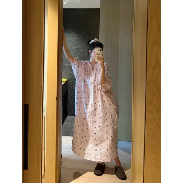 PEACHZHOU 纯棉樱桃小丸子卡通印花连衣裙宽松圆领系扣家居睡裙