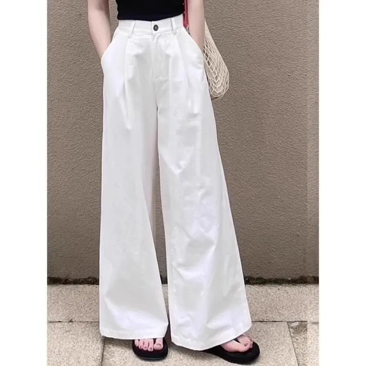 纯棉酵洗加柔白色宽松阔腿直筒裤子女梨型身材显瘦西装裤拖地长裤
