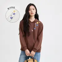 茵曼｜宽松抽绳连帽卫衣女2025年秋季花朵贴边设计感慵懒风连帽外