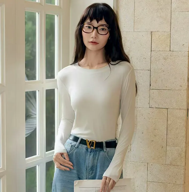 蓝精天丝+超细羊毛精纺圆领长袖打底衫女新款面膜T打底显瘦百搭