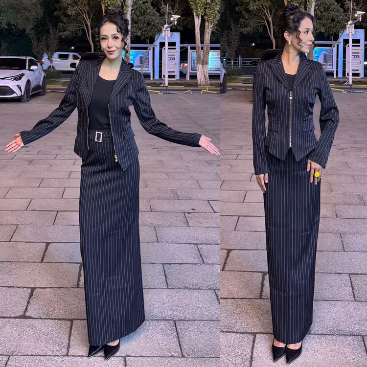 显瘦秋冬气质时尚长袖条纹A型高腰拉链常规长裙半身裙女神范修身