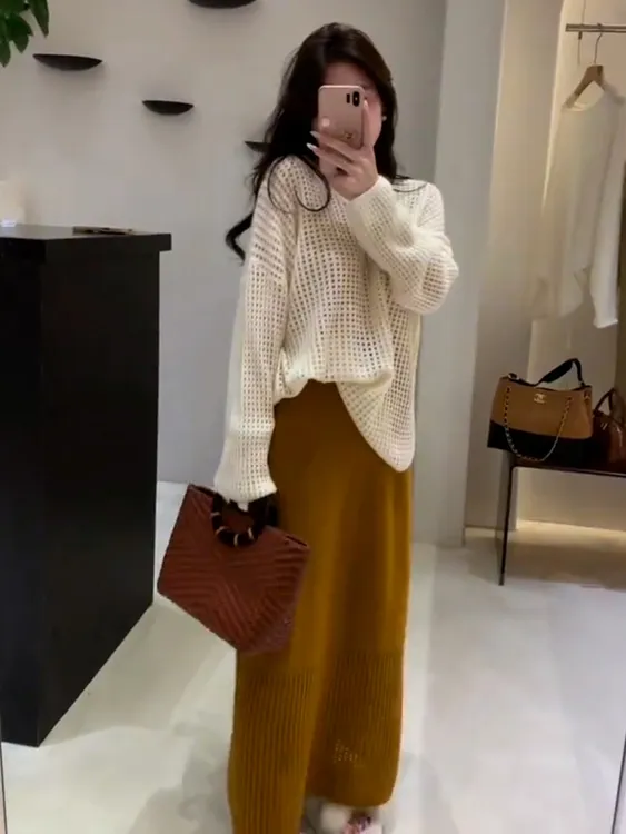 2025秋装一整套大方得体轻奢高级感小个子白色针织上衣半身裙套装