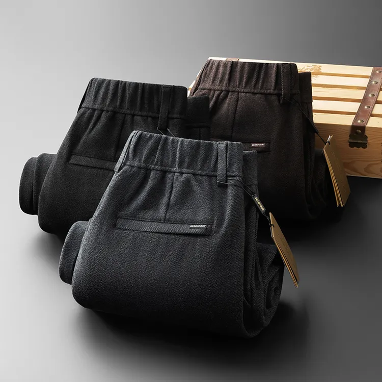 轻奢冬季加厚保暖醋酸羊毛裤子提花人字纹宽松直筒裤松紧腰休闲裤