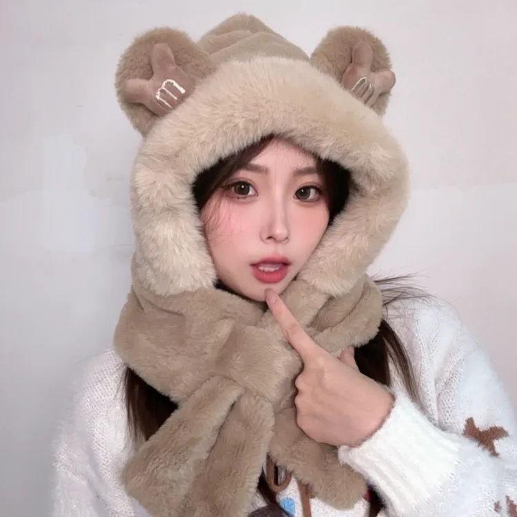 【全网低价】韩版可爱小熊帽子围脖一体女冬加厚保暖防风骑车保暖帽