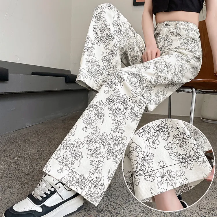蜜蜜穿搭国潮数码印花牛仔裤女2025秋季新款水墨画窄版阔腿拖地裤