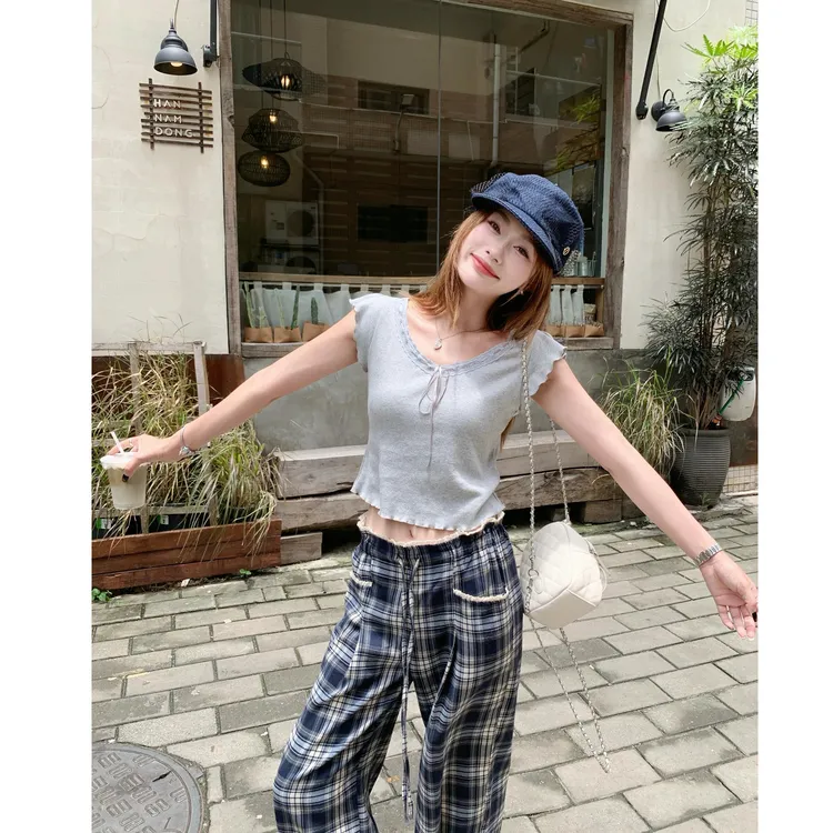 韩系慵懒感蕾丝边格纹花苞裤女早秋高腰垂感休闲百搭阔腿裤拖地裤