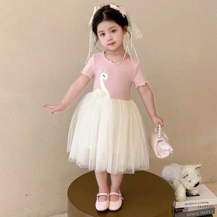 女童天鹅连衣裙夏季2025新款儿童短袖公主裙洋气宝宝蓬蓬纱裙礼服