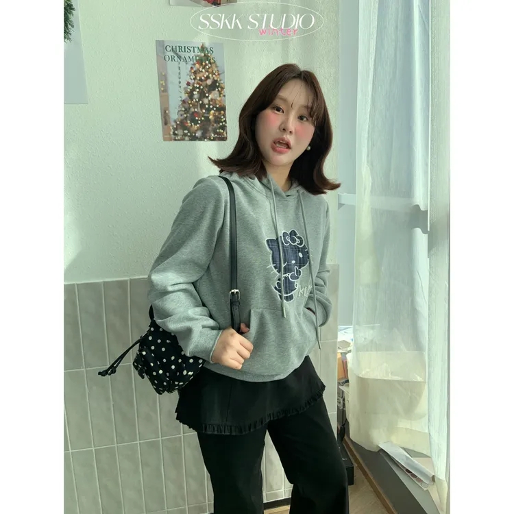 KMZY/KMZY山_山【慵懒冬日】微胖韩系休闲刺绣格子kt加绒连帽卫衣女