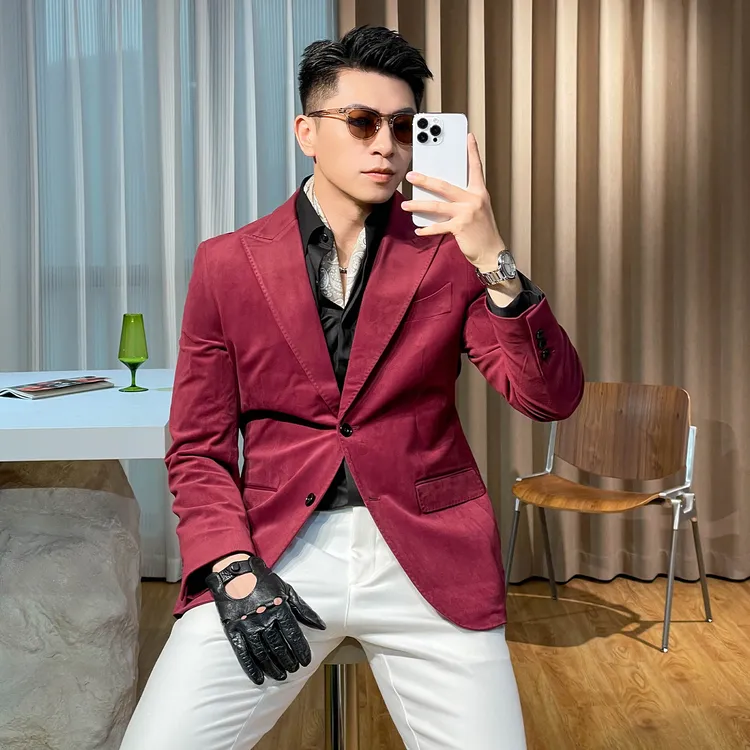 言吉男装西服高端波尔多红西服秋季新款潮时尚平驳领西装YJ80021