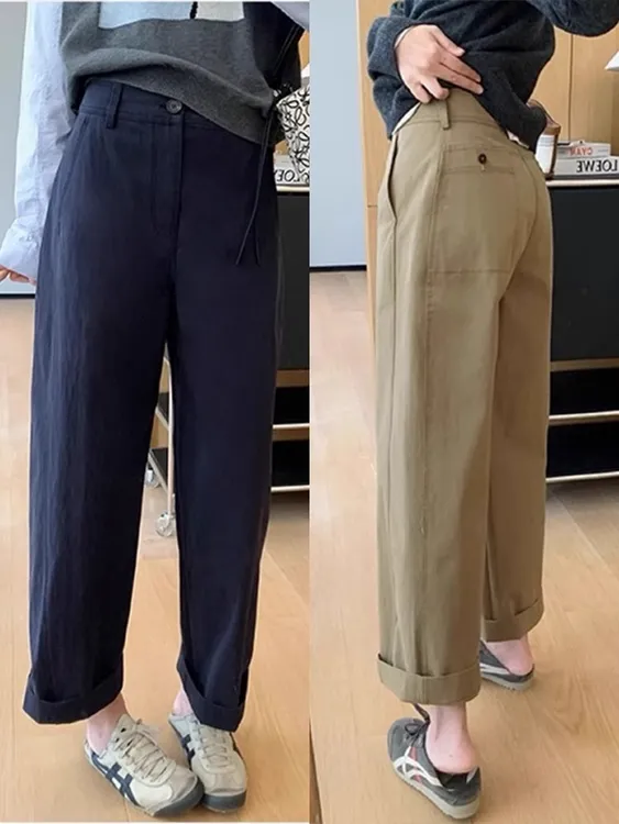 卡其色直筒休闲裤女春季新款大码胖妹妹mm梨形身材宽松显瘦阔腿裤