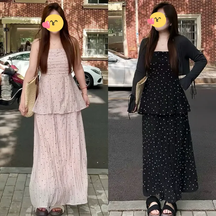 大码女装胖mm法式波点吊带连衣裙+开衫2025早秋显瘦气质长裙套装