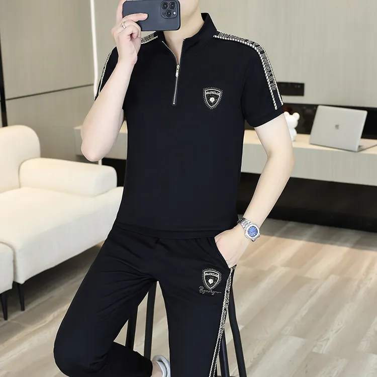 冰丝夏季休闲运动套装男士套装运动服帅气大码时尚夏天薄款翻领