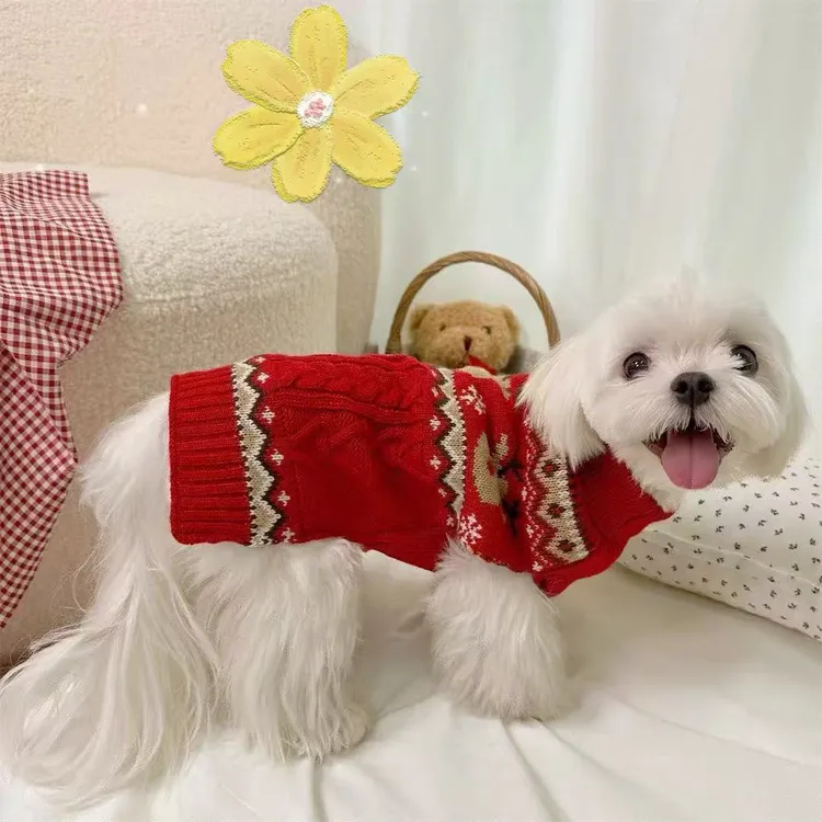 红绿两色姜饼人麋鹿图案宠物毛衣适合小型犬猫冬季保暖
