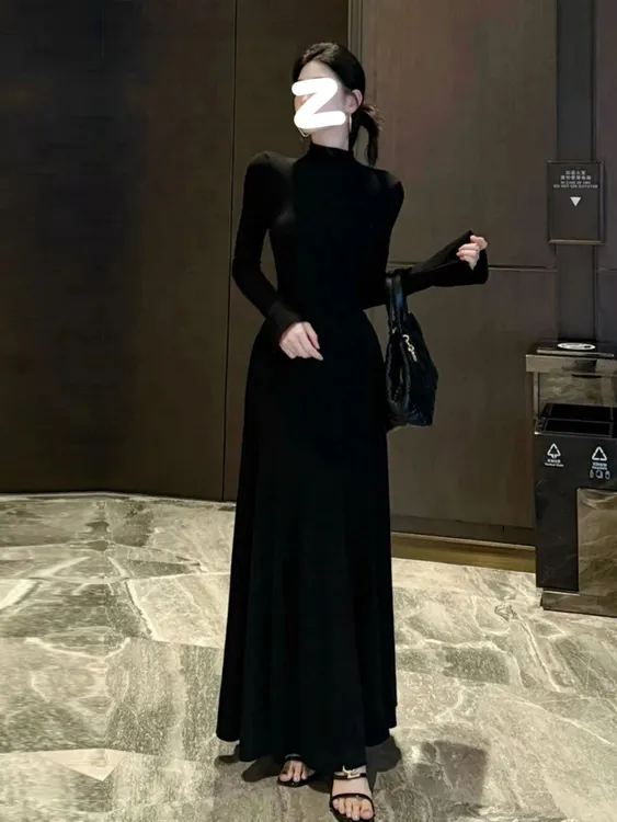 【半高领版】喇叭袖长款大摆连衣裙时尚百搭显瘦裙子法式气质大摆裙