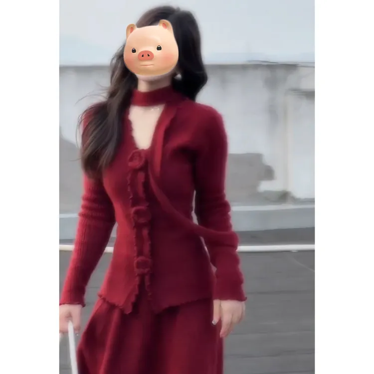 2026超火独特漂亮冬装一整套小香风立体花朵毛衣半身裙子两件套装