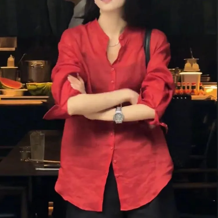 红色立领长袖小众衬衫法式薄款老钱风松弛感女装显瘦夏季百搭衬衣